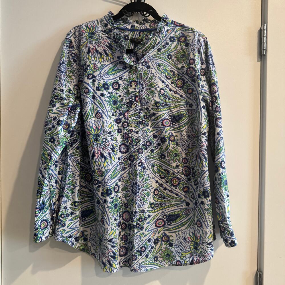 Talbots Floral Top Blue Ruffled Mandarin Collar Button Front Long Sleeve Sz 1X